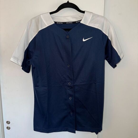 Nike Women’s Softball Training Shirt Navy White Full Button Down Medium NWT - Picture 1 of 9